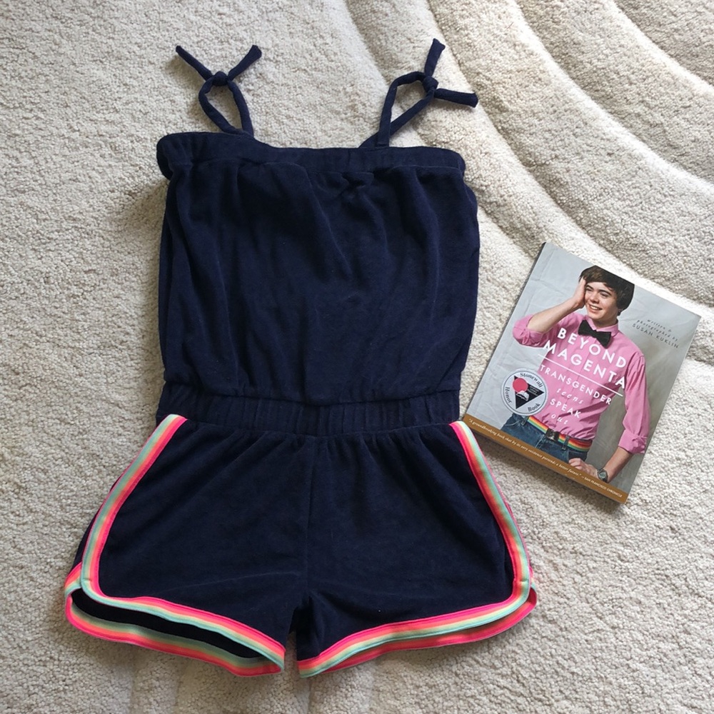 Gap Kids Navy Kids Romper with Rainbow Trim and transgender book